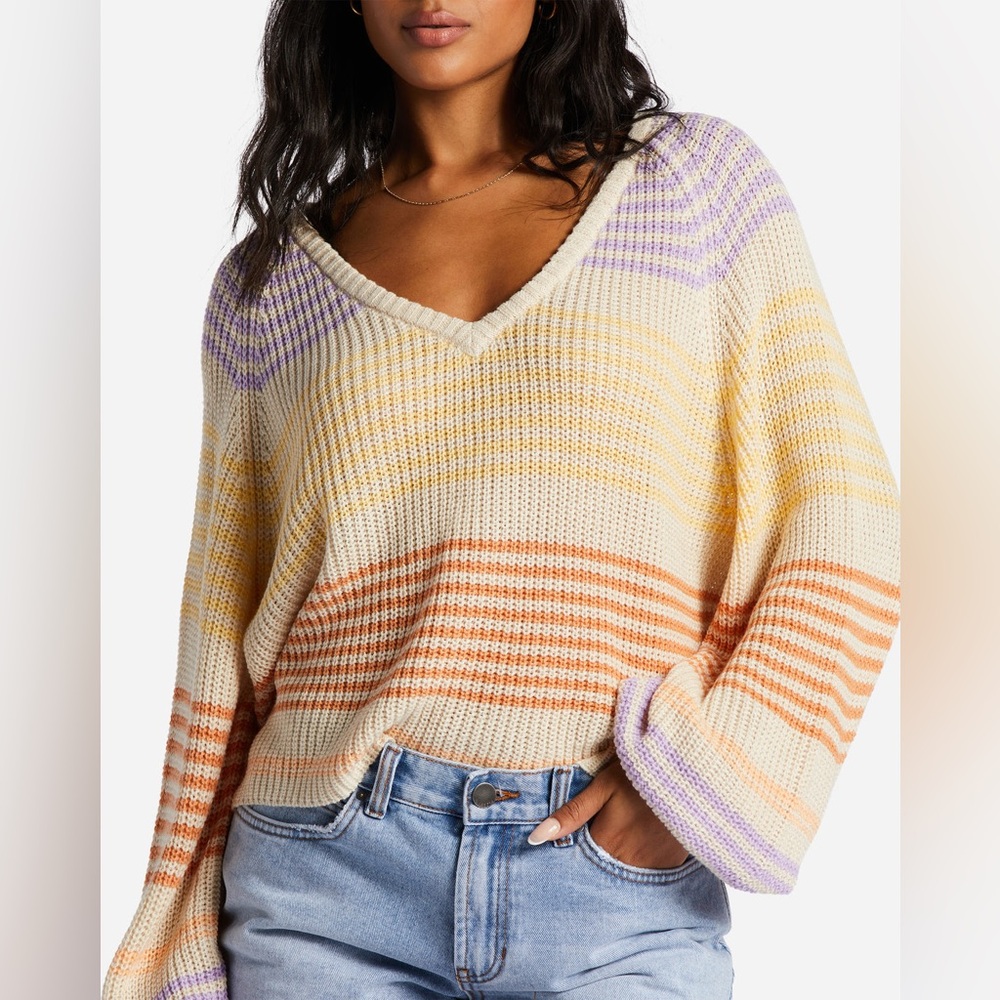 Billabong Striped V Neck Knit Sweater Multicolor Cropped Size L